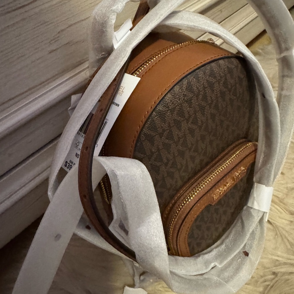 Michael Kors Brown Monogram Round Backpack with Cognac Trim